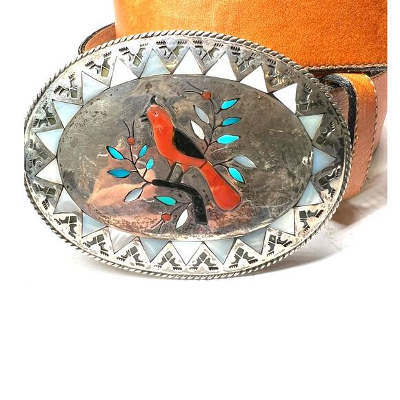 Zuni Cardinal Inlay Belt & Buckle  Silver Edaakie Tony Lama Pearl Turquoise L - Picture 2 of 6